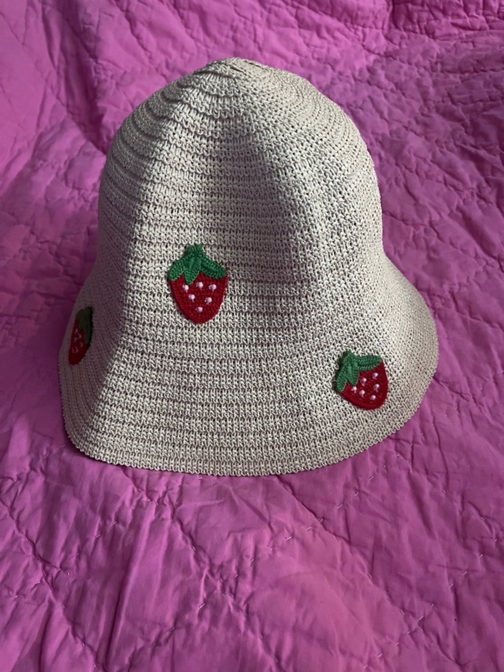 wonder nation Beige Crochet Bucket Hat with Red Strawberry Patches